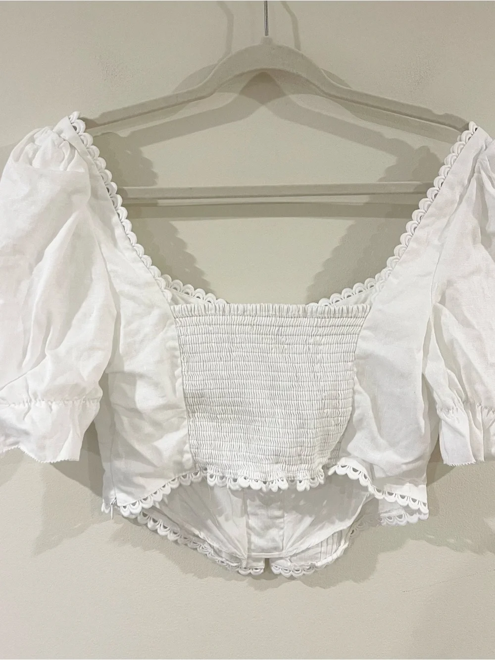 Reformation Simmie White Lace-Trim Puff Sleeve Linen Crop Blouse size 8